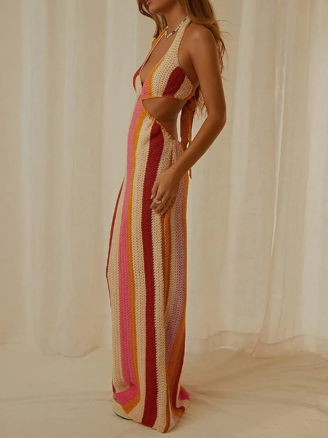 Sexy Knit Bodycon Dress for Women Sleeveless Spaghetti Strap Cut Out Maxi Dress Backless Y2K Summer Beach Dresses