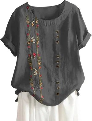 Shirts for Women Graphic Tees Cotton Linen Plus Size Tops Short Sleeve Button Down Blouses Summer Casual Shirts 2025