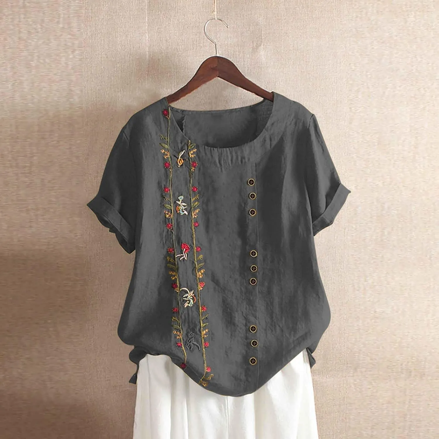 Shirts for Women Graphic Tees Cotton Linen Plus Size Tops Short Sleeve Button Down Blouses Summer Casual Shirts 2025