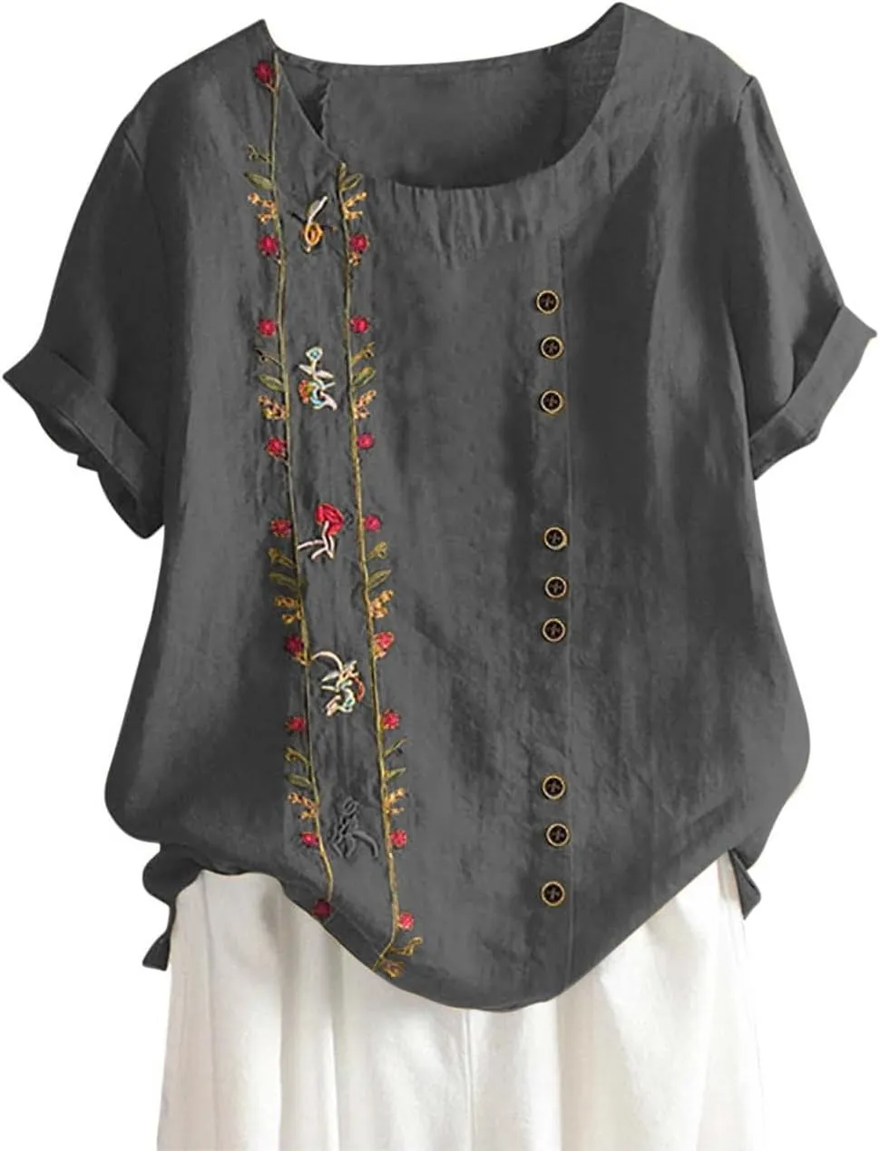 Shirts for Women Graphic Tees Cotton Linen Plus Size Tops Short Sleeve Button Down Blouses Summer Casual Shirts 2025