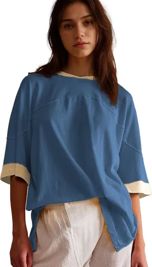 Songling Womens 3/4 Length Sleeve Casual Loose Fit Summer Tee Shirt Basics Cotton t Shirts Trendy Tops