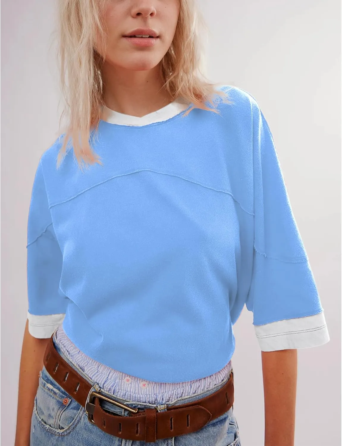 Songling Womens 3/4 Length Sleeve Casual Loose Fit Summer Tee Shirt Basics Cotton t Shirts Trendy Tops