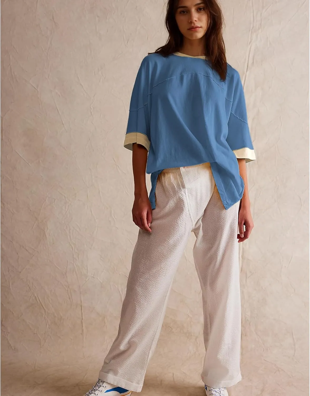 Songling Womens 3/4 Length Sleeve Casual Loose Fit Summer Tee Shirt Basics Cotton t Shirts Trendy Tops