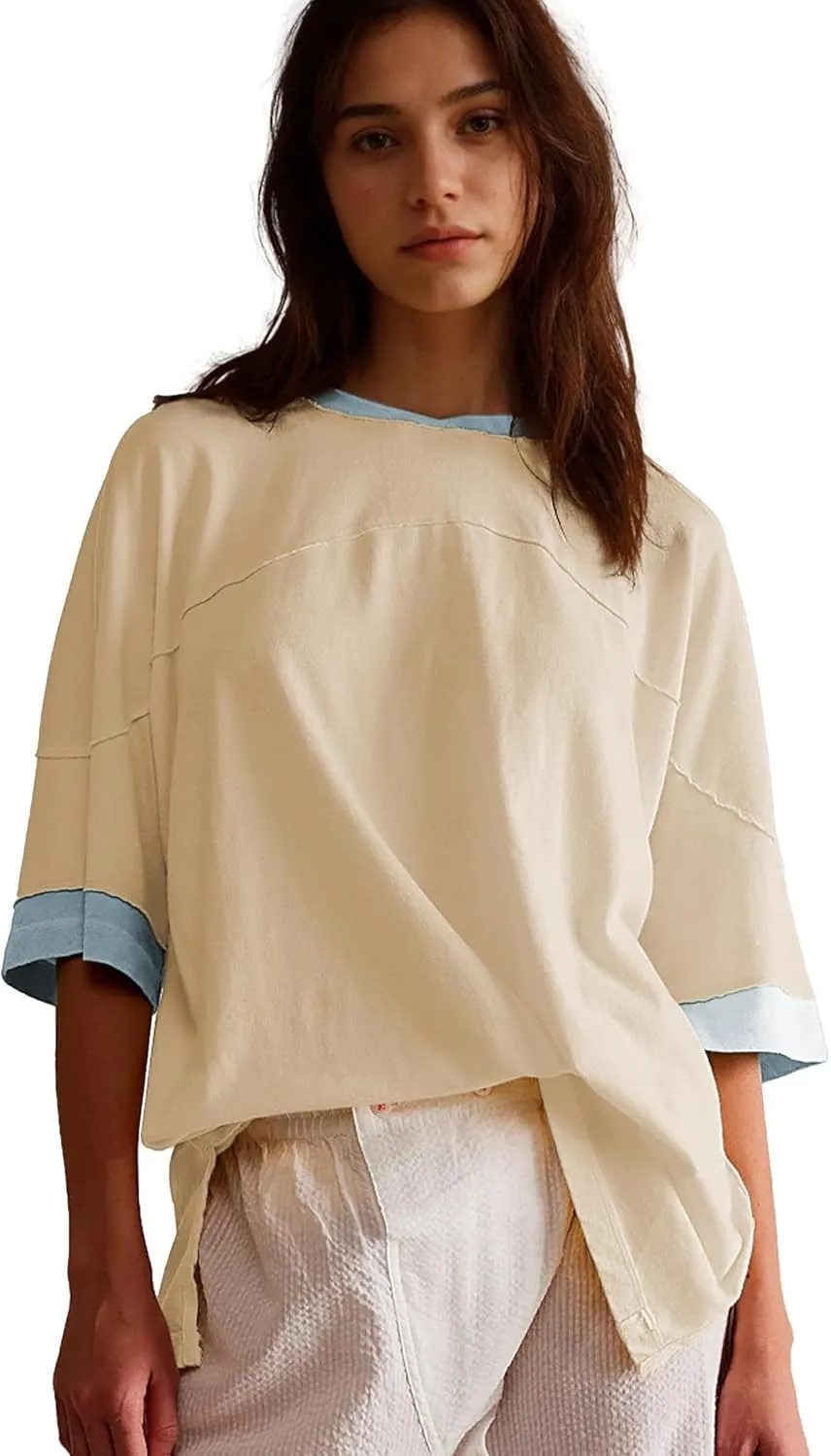 Songling Womens 3/4 Length Sleeve Casual Loose Fit Summer Tee Shirt Basics Cotton t Shirts Trendy Tops