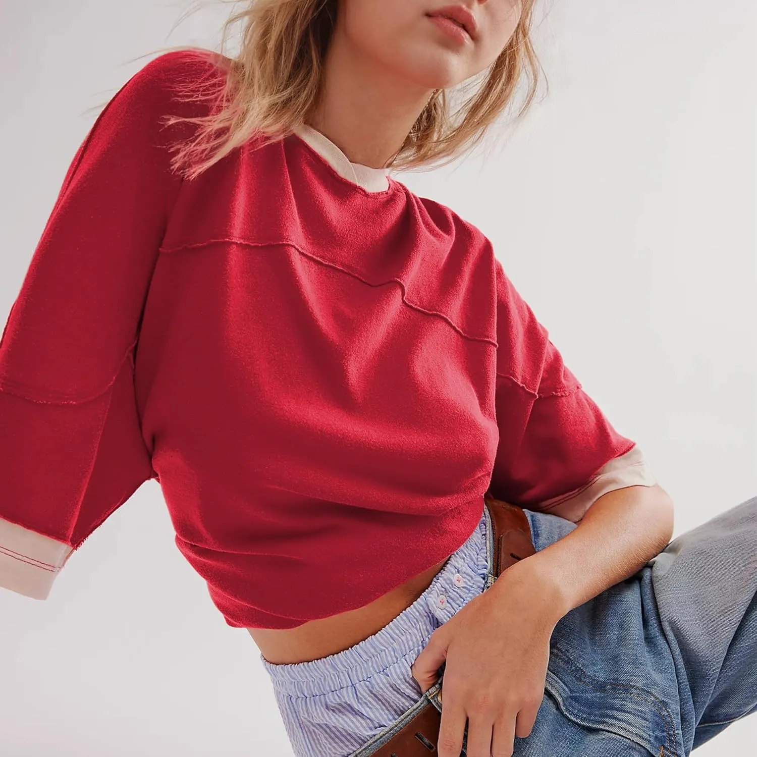 Songling Womens 3/4 Length Sleeve Casual Loose Fit Summer Tee Shirt Basics Cotton t Shirts Trendy Tops