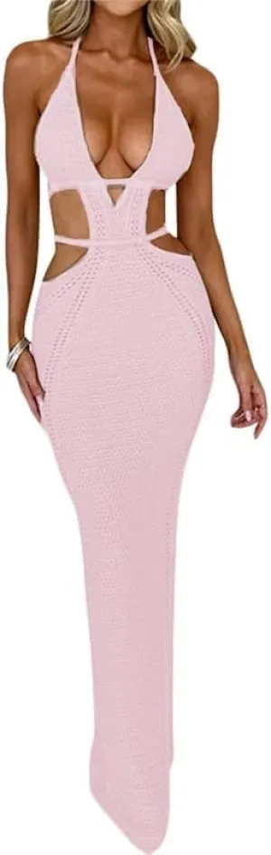 Spaghetti Strap Sleeveless Cut Out Maxi Dress Backless Slim Fit Split Long Dress Halter Night Party Dress Summer Wear