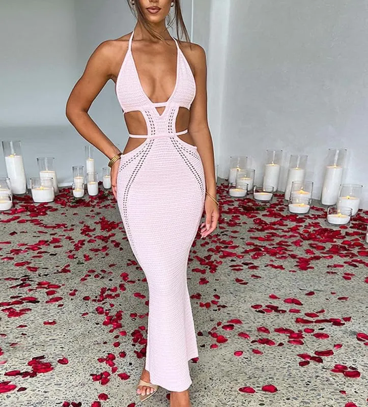 Spaghetti Strap Sleeveless Cut Out Maxi Dress Backless Slim Fit Split Long Dress Halter Night Party Dress Summer Wear
