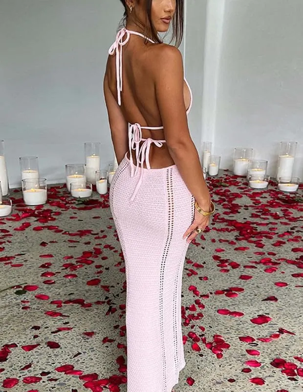 Spaghetti Strap Sleeveless Cut Out Maxi Dress Backless Slim Fit Split Long Dress Halter Night Party Dress Summer Wear