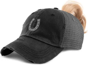 Speedy Pros Womens Ponytail Cap Western Farm Horse Shoe Distressed Trucker Hats
