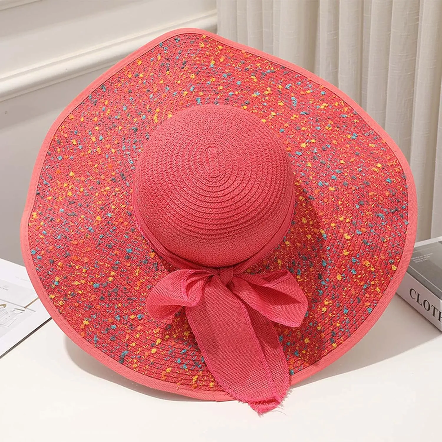 Straw Beach Hat UPF 50 Ladies Straw Hats for Summer Women Floppy Bow Sun Hat with Wide Brim Foldable Roll-Up Cap