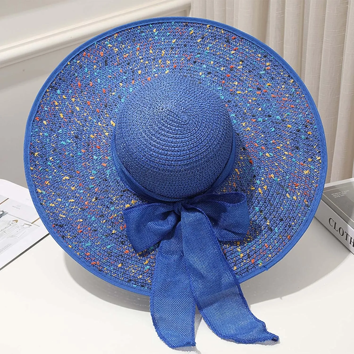 Straw Beach Hat UPF 50 Ladies Straw Hats for Summer Women Floppy Bow Sun Hat with Wide Brim Foldable Roll-Up Cap