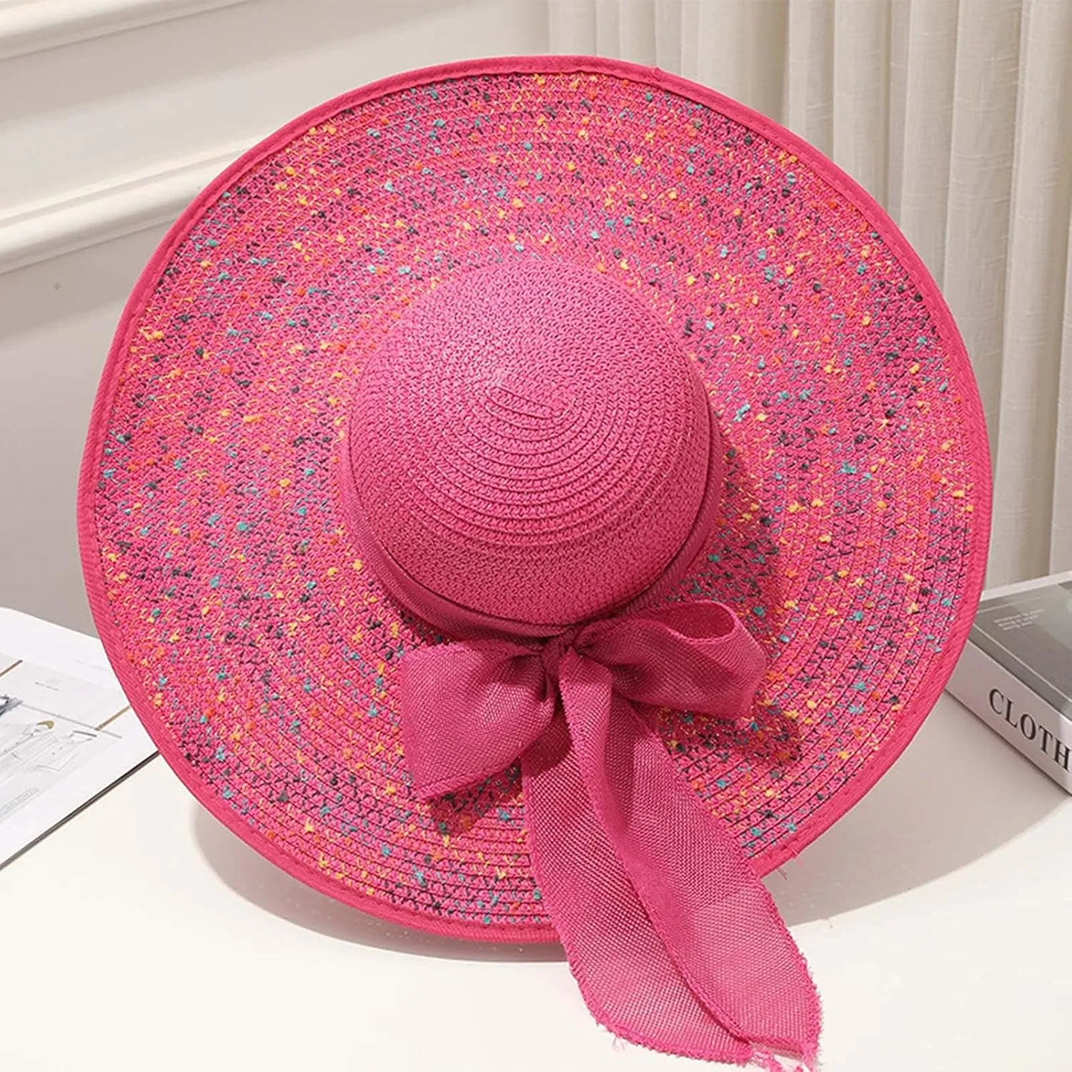 Straw Beach Hat UPF 50 Ladies Straw Hats for Summer Women Floppy Bow Sun Hat with Wide Brim Foldable Roll-Up Cap