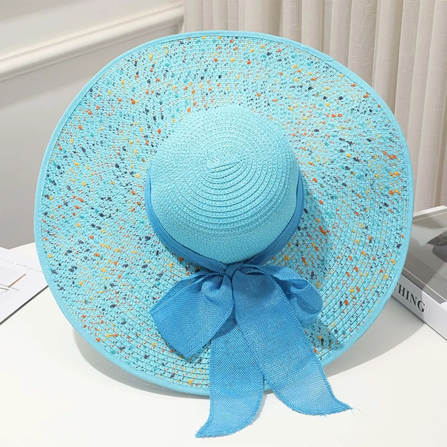 Straw Beach Hat UPF 50 Ladies Straw Hats for Summer Women Floppy Bow Sun Hat with Wide Brim Foldable Roll-Up Cap