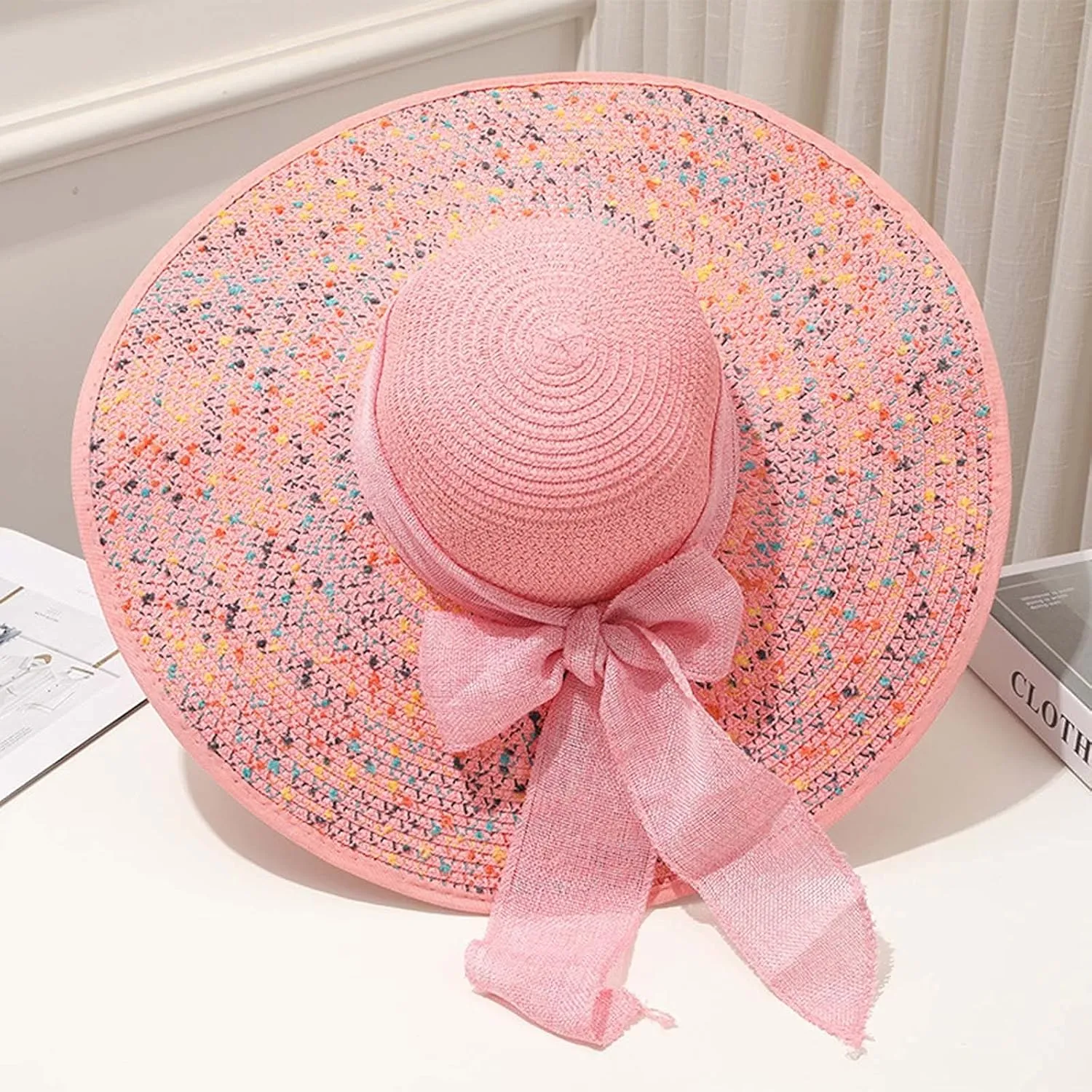 Straw Beach Hat UPF 50 Ladies Straw Hats for Summer Women Floppy Bow Sun Hat with Wide Brim Foldable Roll-Up Cap