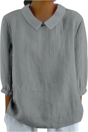 Summer Cotton Linen Gauze Shirts Comfy Shift Breathable Lounge Top Loose Fit 3/4 Sleeve Lapel T Shirt Plain Blouse