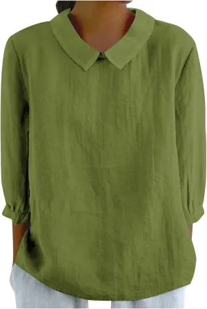 Summer Cotton Linen Gauze Shirts Comfy Shift Breathable Lounge Top Loose Fit 3/4 Sleeve Lapel T Shirt Plain Blouse