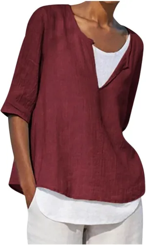 Summer Cotton Linen T-Shirt for Women Soild Color 3/4 Sleeve Notched V-Neck Loose Plus Size Beach Blouses Flowy Top