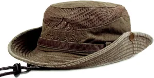 Sun Hat for Men, Cotton Embroidery Summer Outdoor Sun Protection Wide Brim Bucket Hat Foldable Safari Boonie Hat