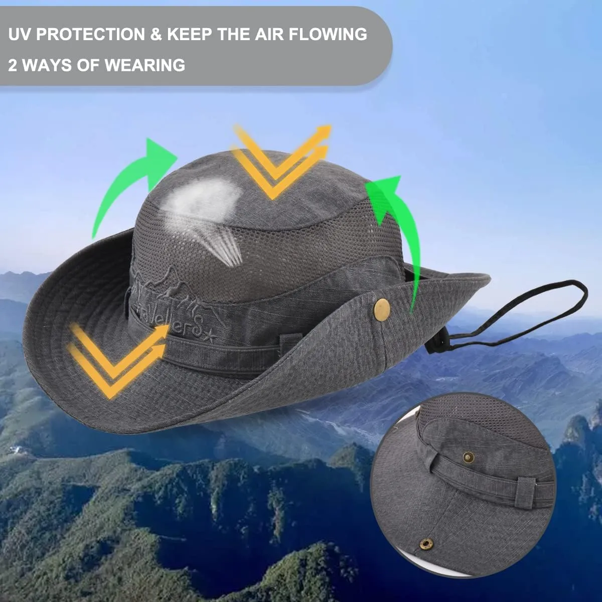 Sun Hat for Men, Cotton Embroidery Summer Outdoor Sun Protection Wide Brim Bucket Hat Foldable Safari Boonie Hat