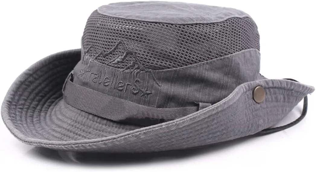 Sun Hat for Men, Cotton Embroidery Summer Outdoor Sun Protection Wide Brim Bucket Hat Foldable Safari Boonie Hat