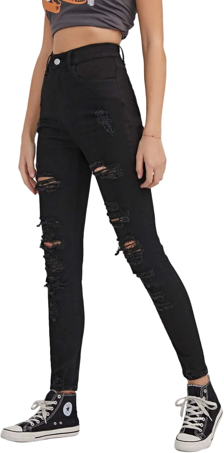 SweatyRocks Women's Casual High Waist Ripped Skinny Jeans Distressed Denim Pants