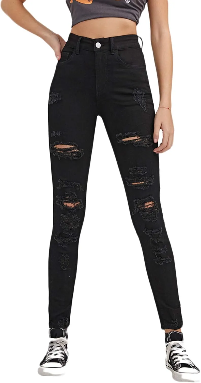 SweatyRocks Women's Casual High Waist Ripped Skinny Jeans Distressed Denim Pants