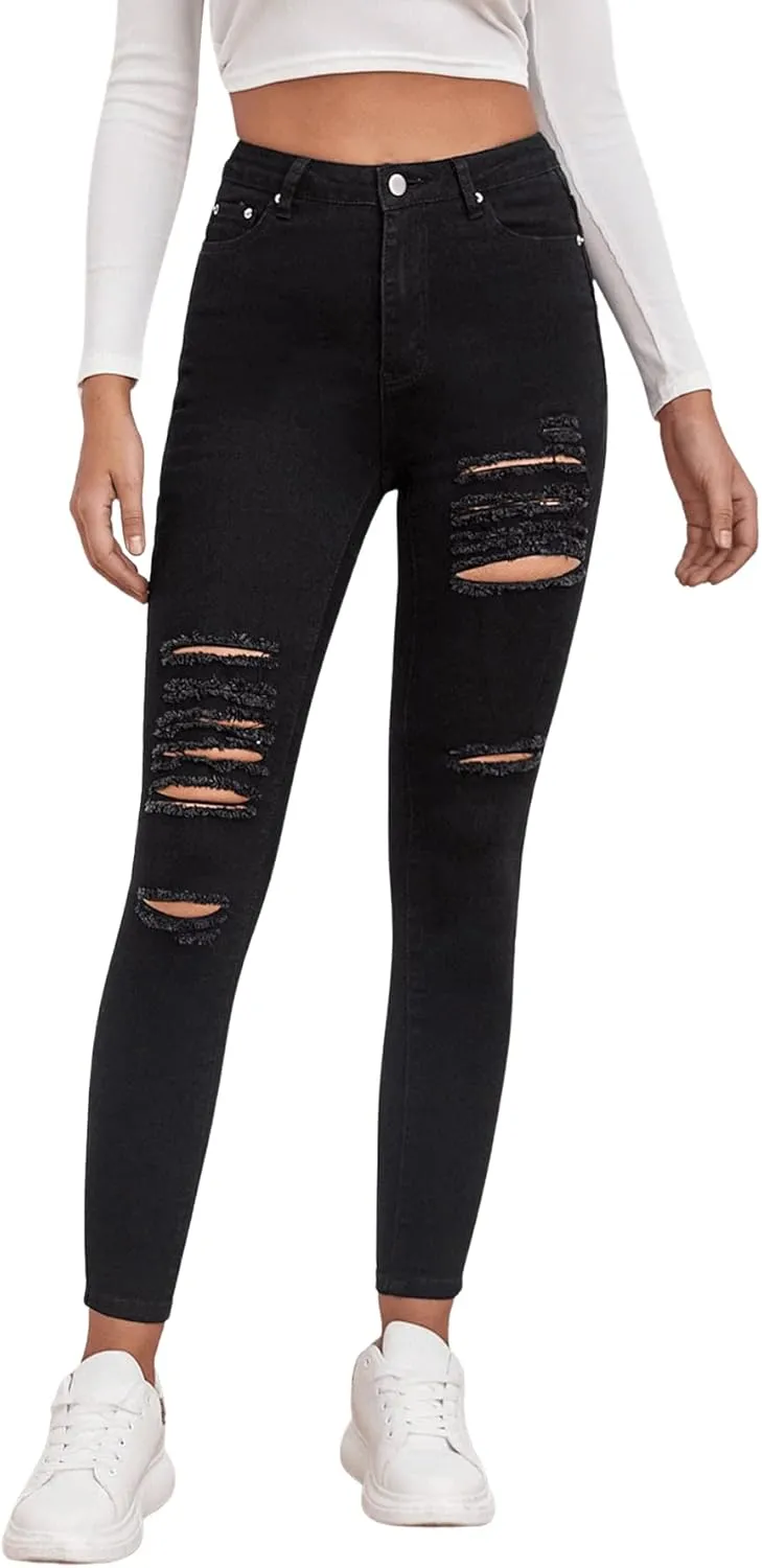 SweatyRocks Women's Casual High Waist Ripped Skinny Jeans Distressed Denim Pants