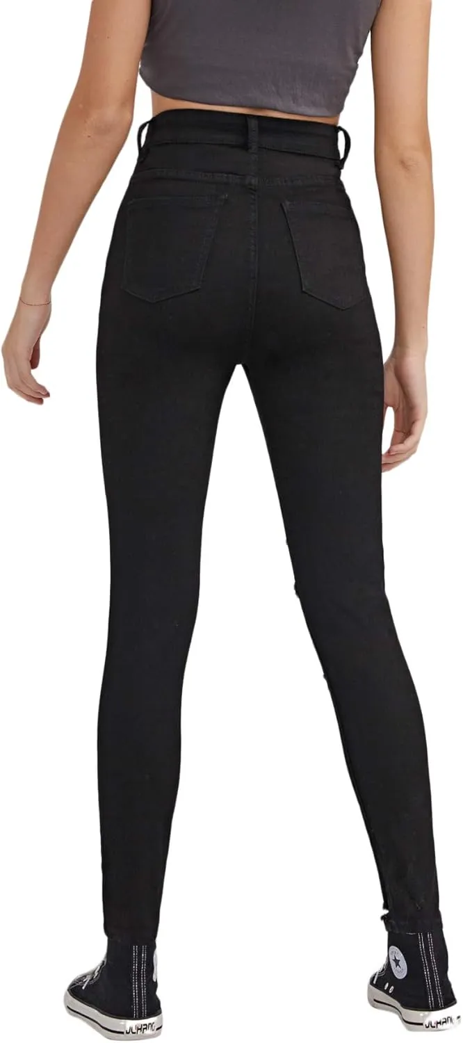 SweatyRocks Women's Casual High Waist Ripped Skinny Jeans Distressed Denim Pants