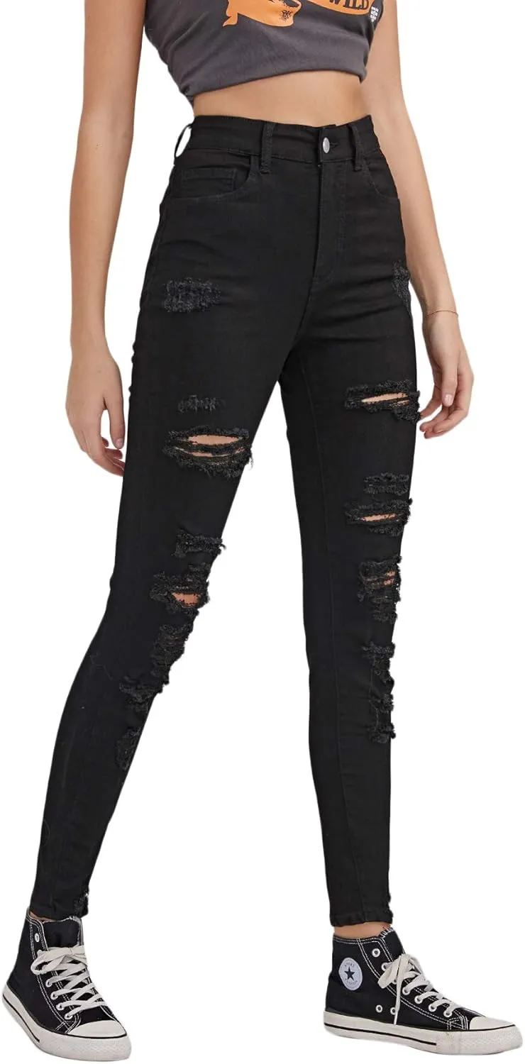 SweatyRocks Women's Casual High Waist Ripped Skinny Jeans Distressed Denim Pants