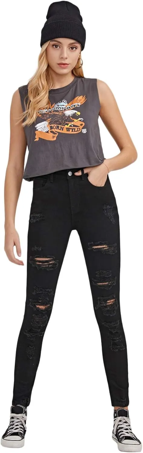 SweatyRocks Women's Casual High Waist Ripped Skinny Jeans Distressed Denim Pants