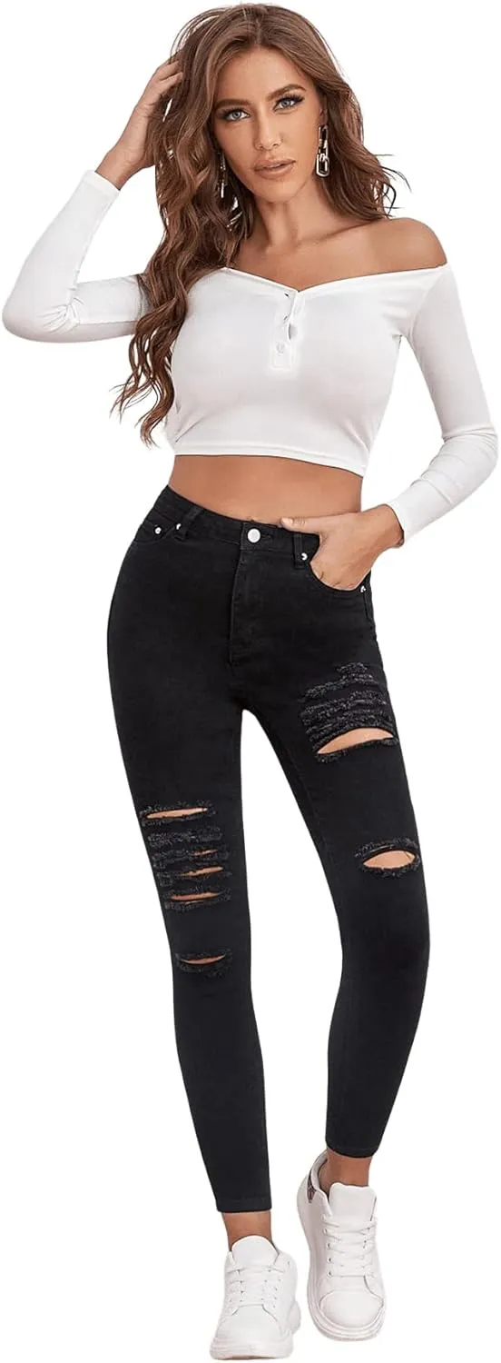 SweatyRocks Women's Casual High Waist Ripped Skinny Jeans Distressed Denim Pants