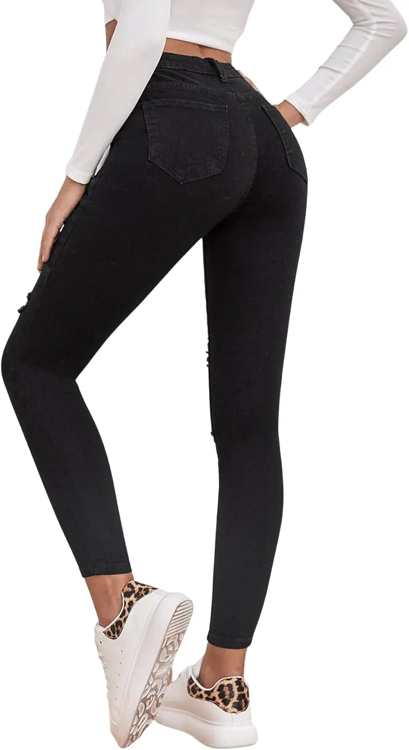 SweatyRocks Women's Casual High Waist Ripped Skinny Jeans Distressed Denim Pants