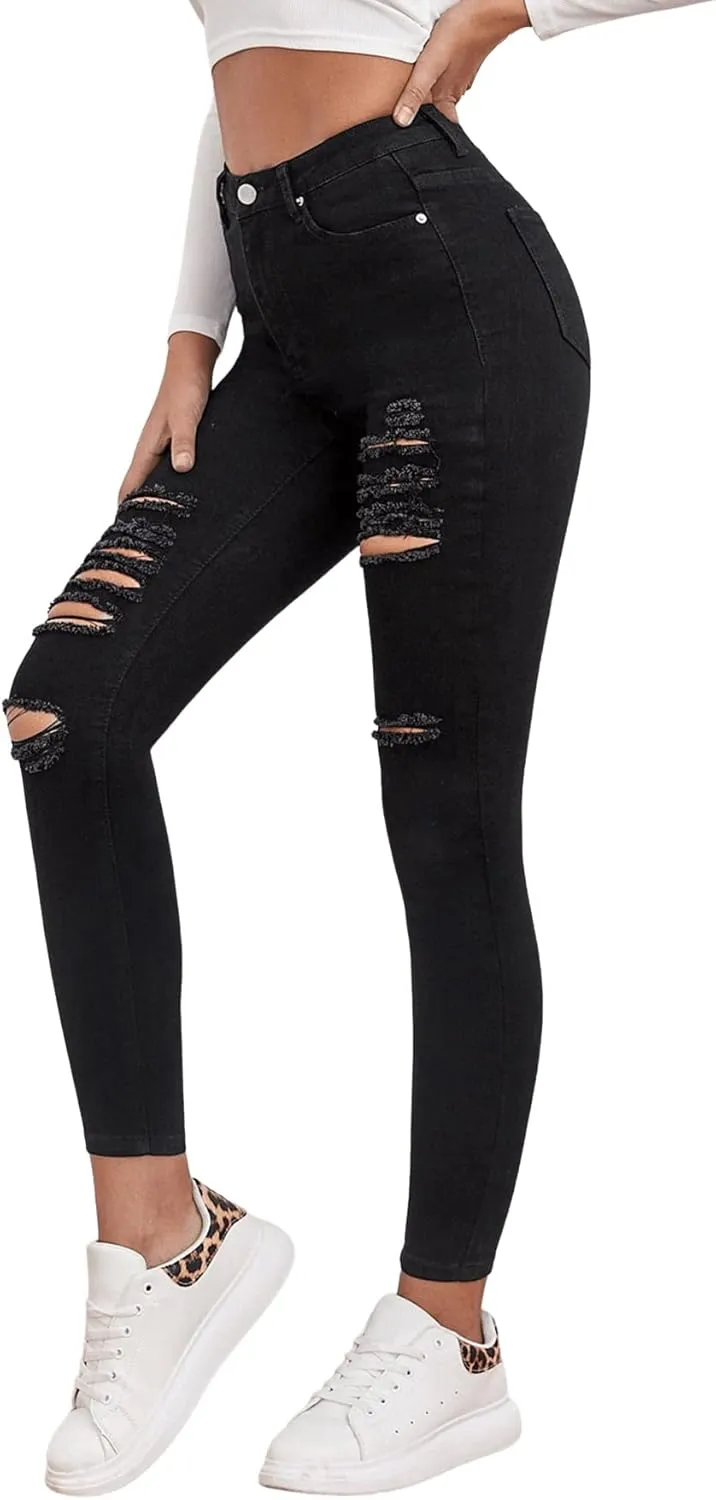 SweatyRocks Women's Casual High Waist Ripped Skinny Jeans Distressed Denim Pants