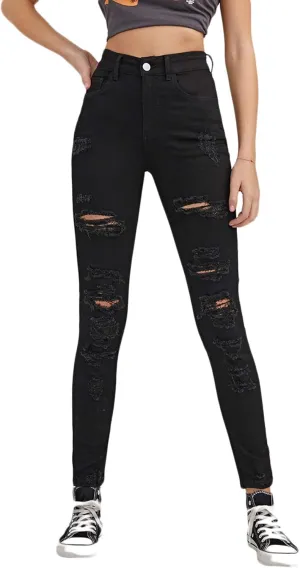SweatyRocks Women's Casual High Waist Ripped Skinny Jeans Distressed Denim Pants