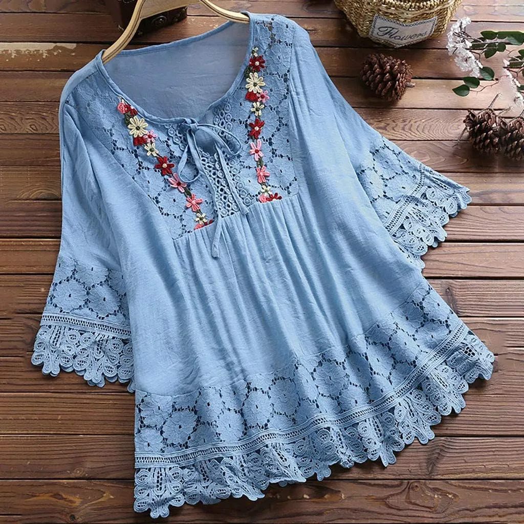 TANGNADE Womens Boho Mexican Embroidered Tops Plus Size Cotton Linen Peasant Shirts Summer 3/4 Sleeve Floral Lace Blouse