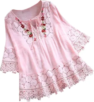 TANGNADE Womens Boho Mexican Embroidered Tops Plus Size Cotton Linen Peasant Shirts Summer 3/4 Sleeve Floral Lace Blouse