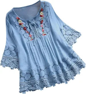 TANGNADE Womens Boho Mexican Embroidered Tops Plus Size Cotton Linen Peasant Shirts Summer 3/4 Sleeve Floral Lace Blouse