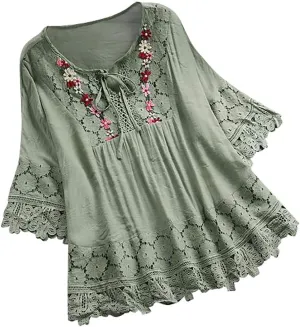 TANGNADE Womens Boho Mexican Embroidered Tops Plus Size Cotton Linen Peasant Shirts Summer 3/4 Sleeve Floral Lace Blouse