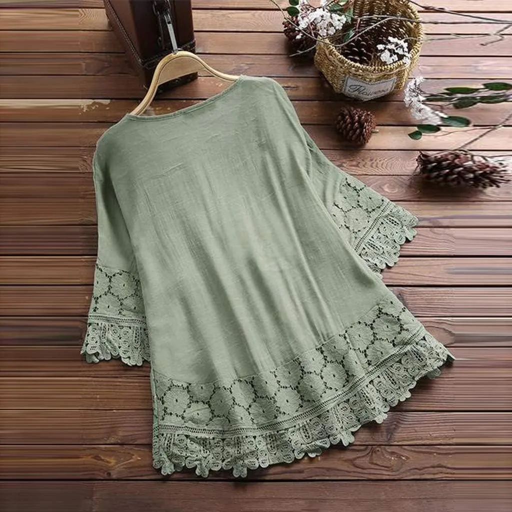 TANGNADE Womens Boho Mexican Embroidered Tops Plus Size Cotton Linen Peasant Shirts Summer 3/4 Sleeve Floral Lace Blouse