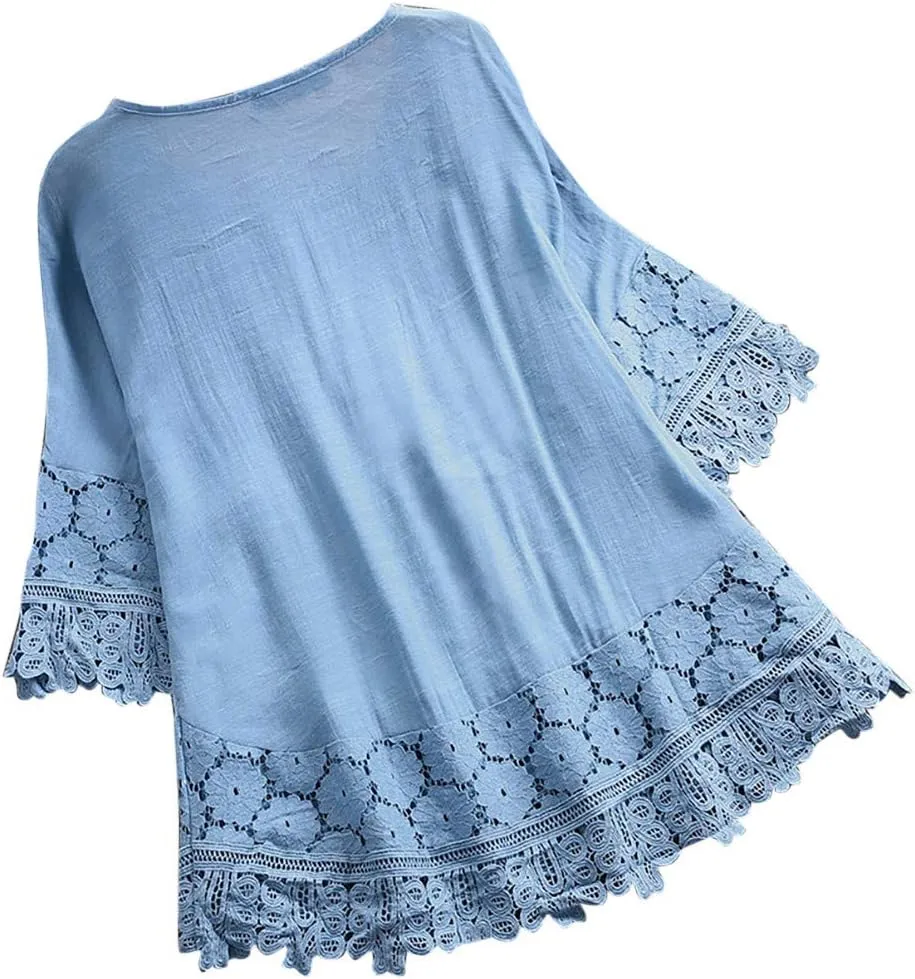 TANGNADE Womens Boho Mexican Embroidered Tops Plus Size Cotton Linen Peasant Shirts Summer 3/4 Sleeve Floral Lace Blouse