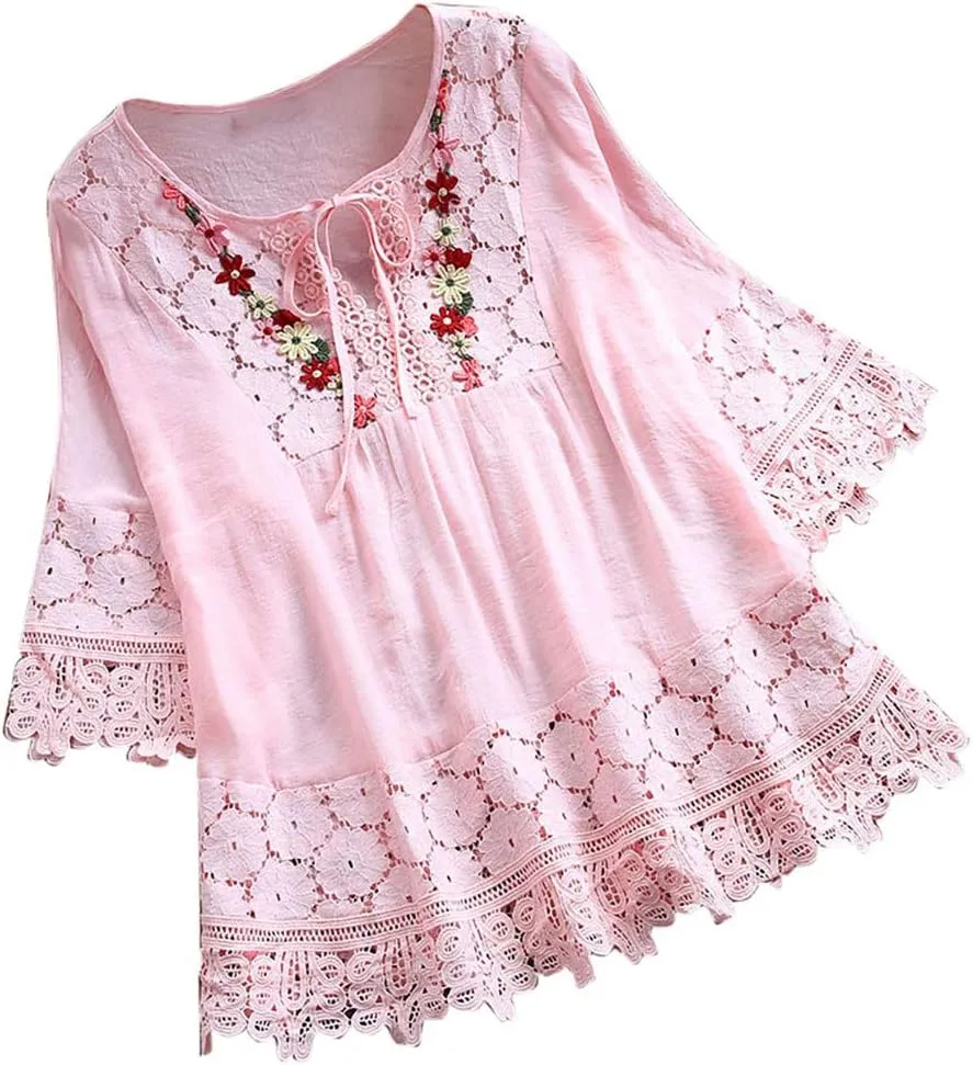 TANGNADE Womens Boho Mexican Embroidered Tops Plus Size Cotton Linen Peasant Shirts Summer 3/4 Sleeve Floral Lace Blouse