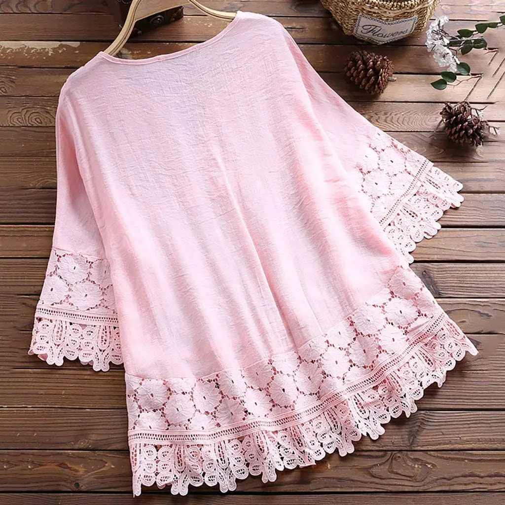 TANGNADE Womens Boho Mexican Embroidered Tops Plus Size Cotton Linen Peasant Shirts Summer 3/4 Sleeve Floral Lace Blouse