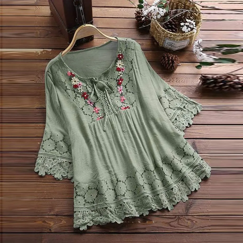 TANGNADE Womens Boho Mexican Embroidered Tops Plus Size Cotton Linen Peasant Shirts Summer 3/4 Sleeve Floral Lace Blouse