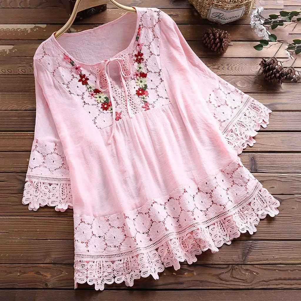 TANGNADE Womens Boho Mexican Embroidered Tops Plus Size Cotton Linen Peasant Shirts Summer 3/4 Sleeve Floral Lace Blouse