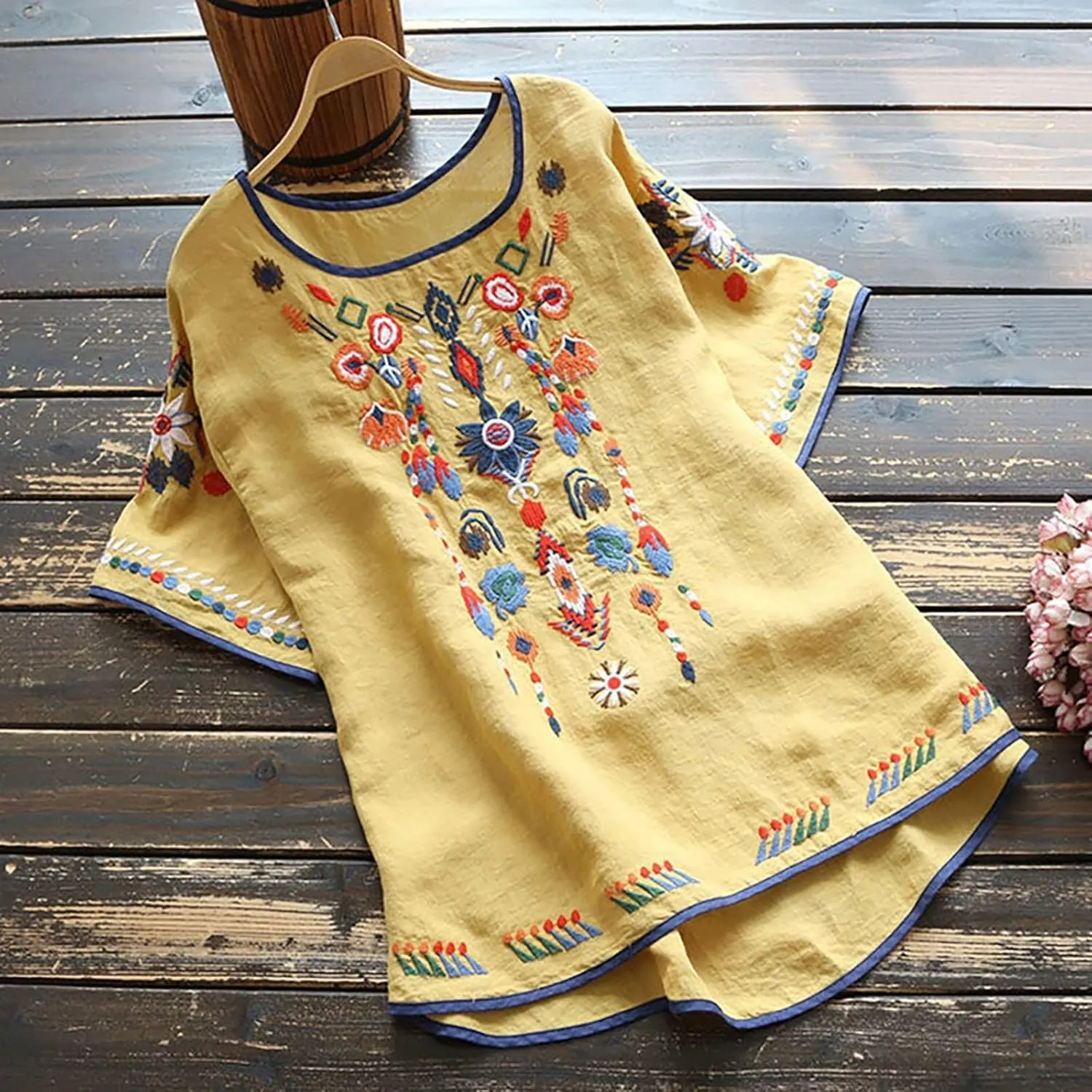 TANGNADE Womens Boho Mexican Embroidered Tops Short Sleeve Peasant Shirts Casual Loose Blouse Summer Bohemian Clothes