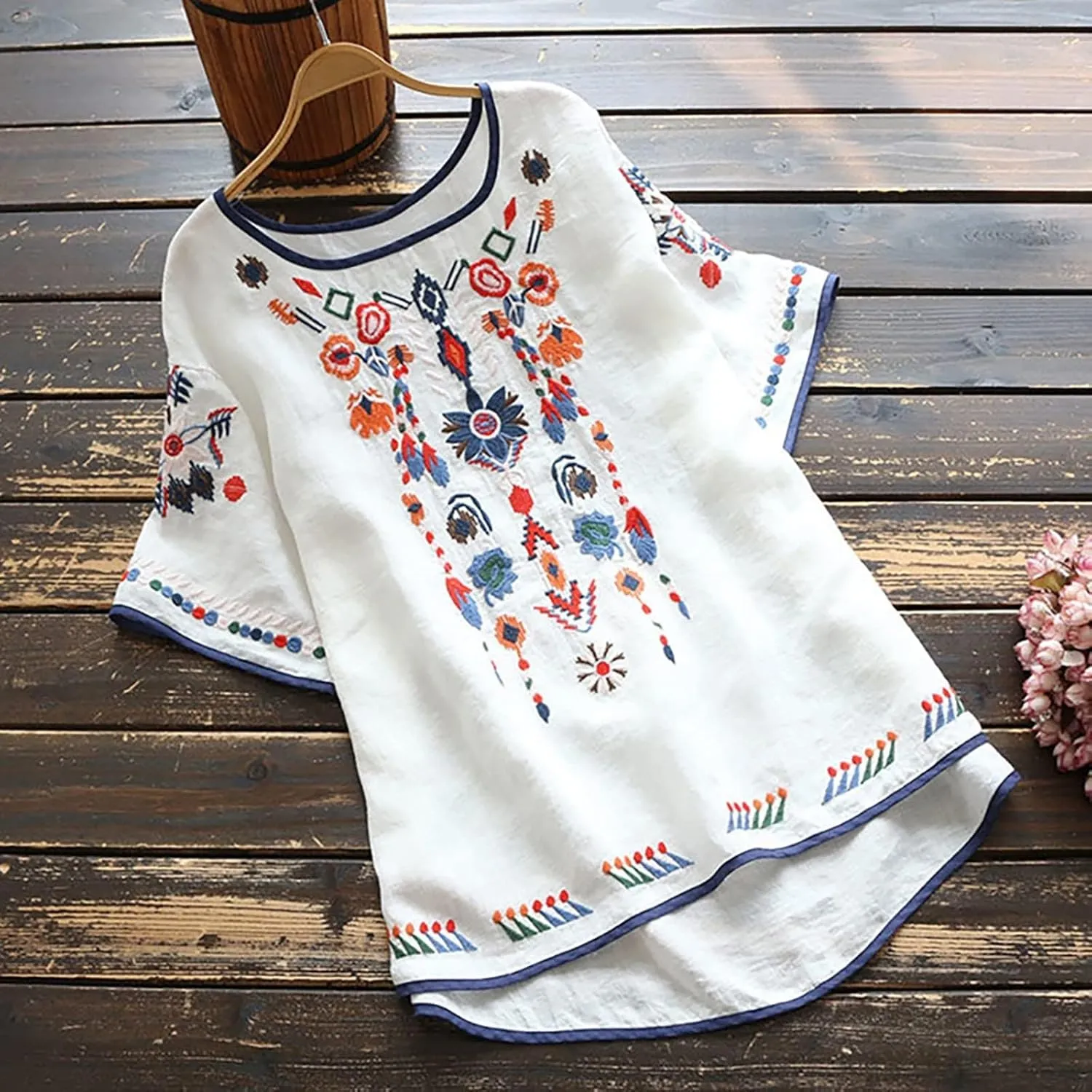 TANGNADE Womens Boho Mexican Embroidered Tops Short Sleeve Peasant Shirts Casual Loose Blouse Summer Bohemian Clothes