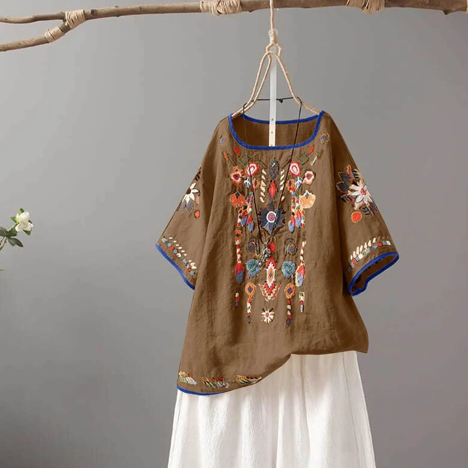 TANGNADE Womens Boho Mexican Embroidered Tops Short Sleeve Peasant Shirts Casual Loose Blouse Summer Bohemian Clothes