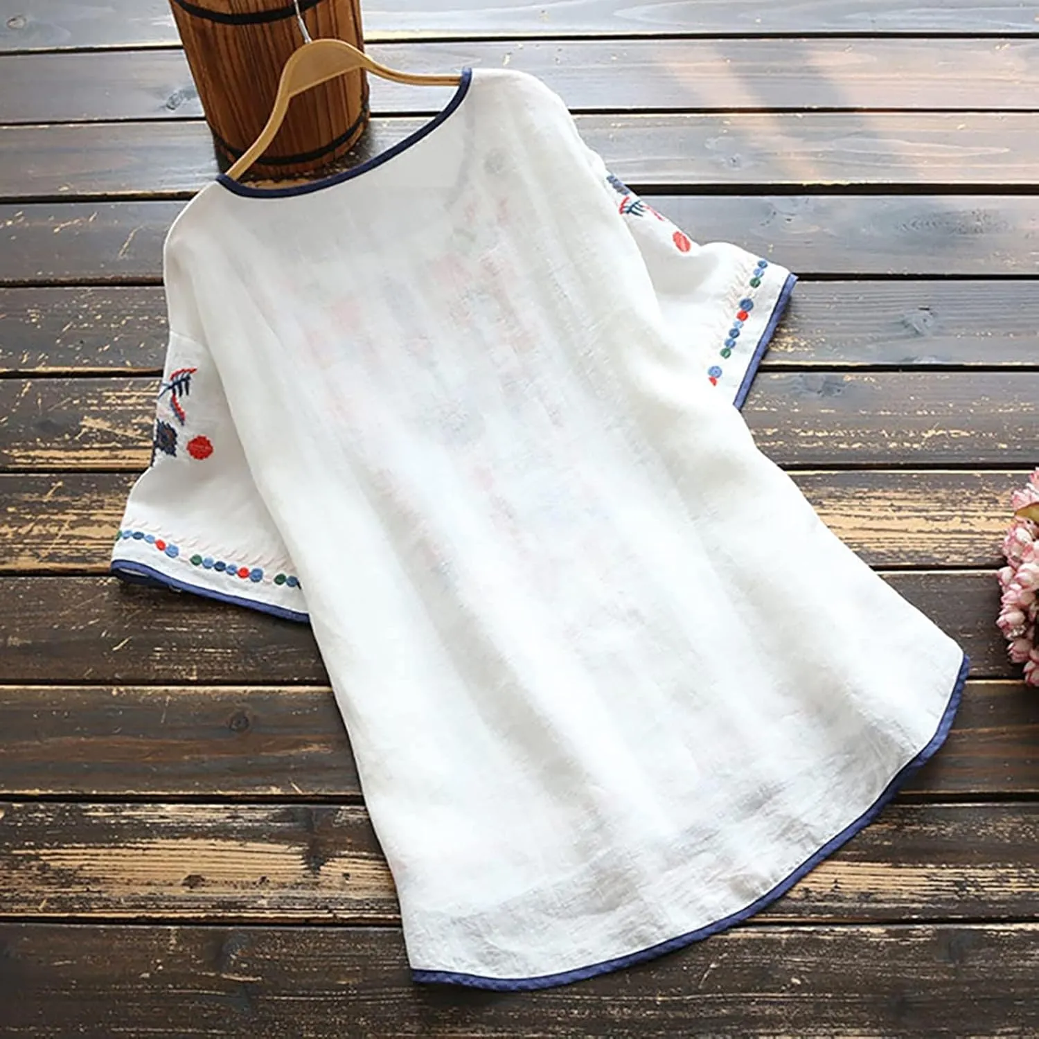 TANGNADE Womens Boho Mexican Embroidered Tops Short Sleeve Peasant Shirts Casual Loose Blouse Summer Bohemian Clothes