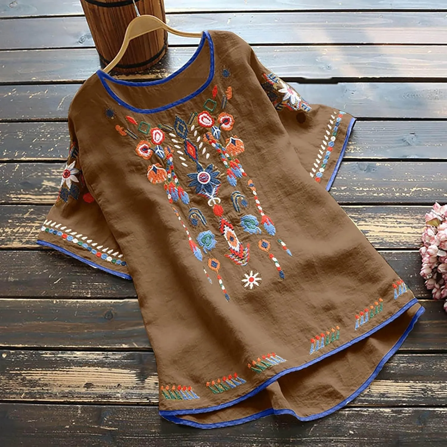 TANGNADE Womens Boho Mexican Embroidered Tops Short Sleeve Peasant Shirts Casual Loose Blouse Summer Bohemian Clothes