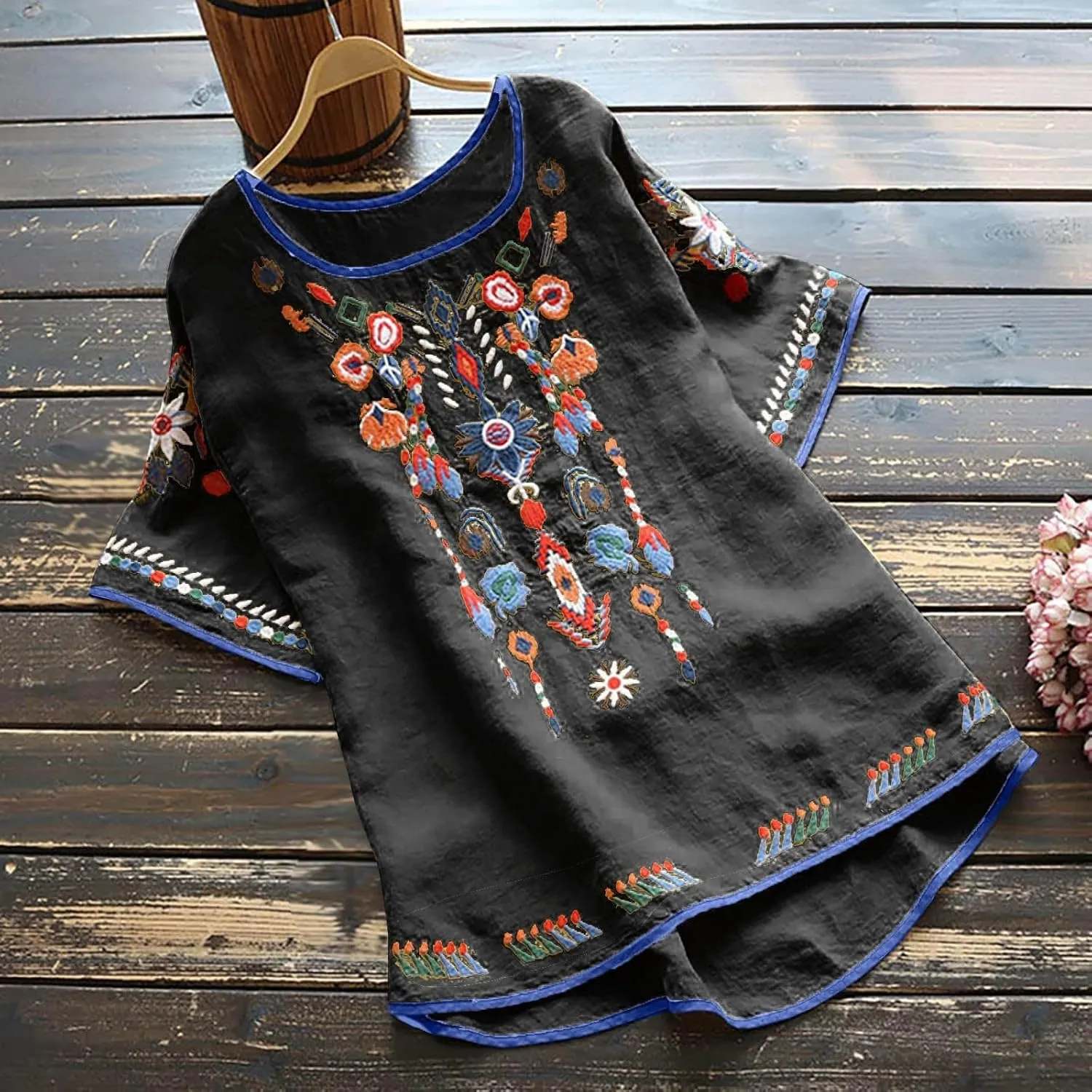 TANGNADE Womens Boho Mexican Embroidered Tops Short Sleeve Peasant Shirts Casual Loose Blouse Summer Bohemian Clothes